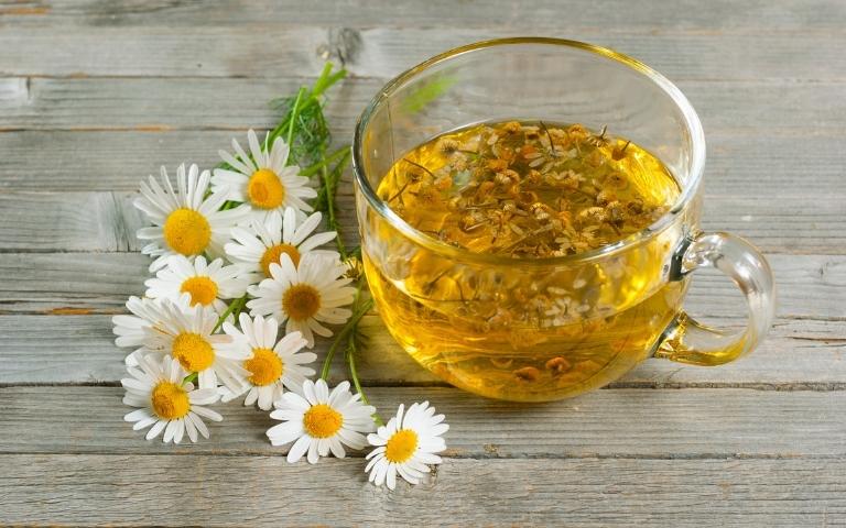 A cup of chamomile tea and chamomile blossoms.