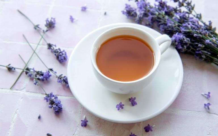 A cup of lavender tea surrounded by fresh lavender blossoms.